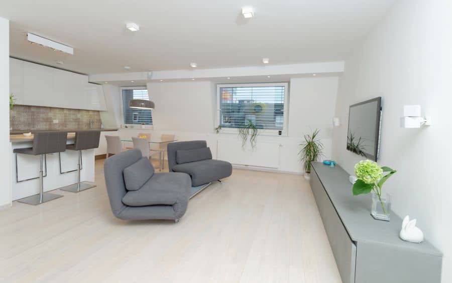 large open plan living room kitchen with gray sofas