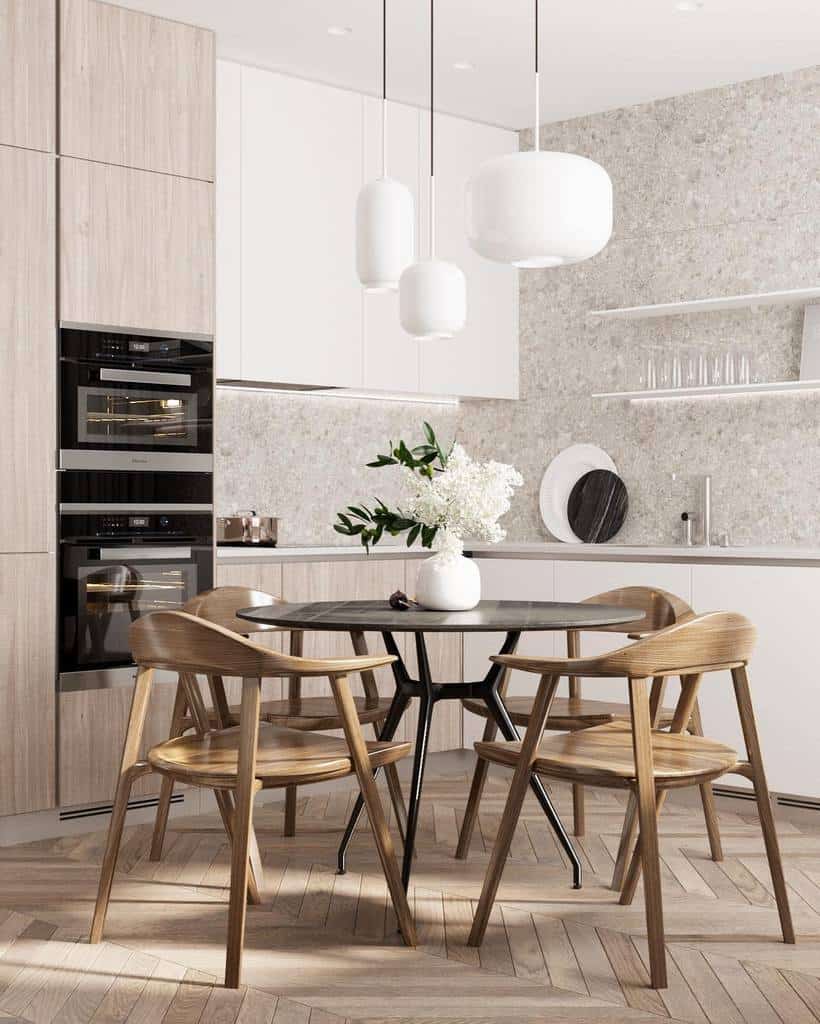 modern corner kitchen with dining table