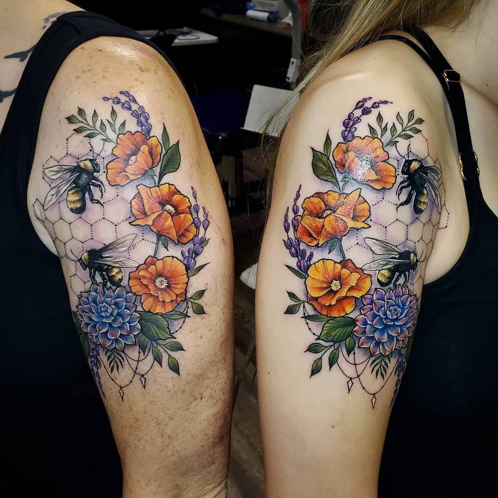 Matching mother-daughter tattoos featuring bees, flowers, and honeycomb patterns