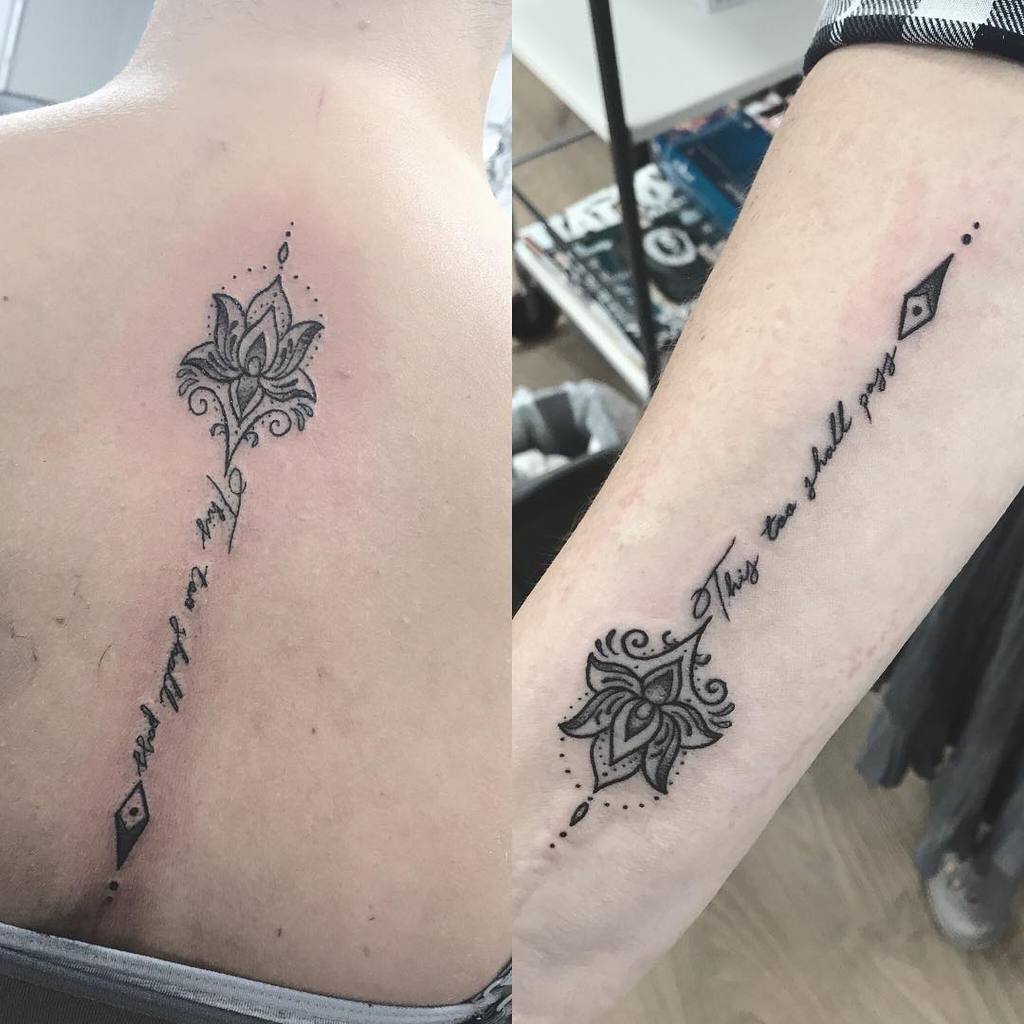 A beautiful "This too shall pass" tattoo with an ornamental floral design, symbolizing strength and impermanence.