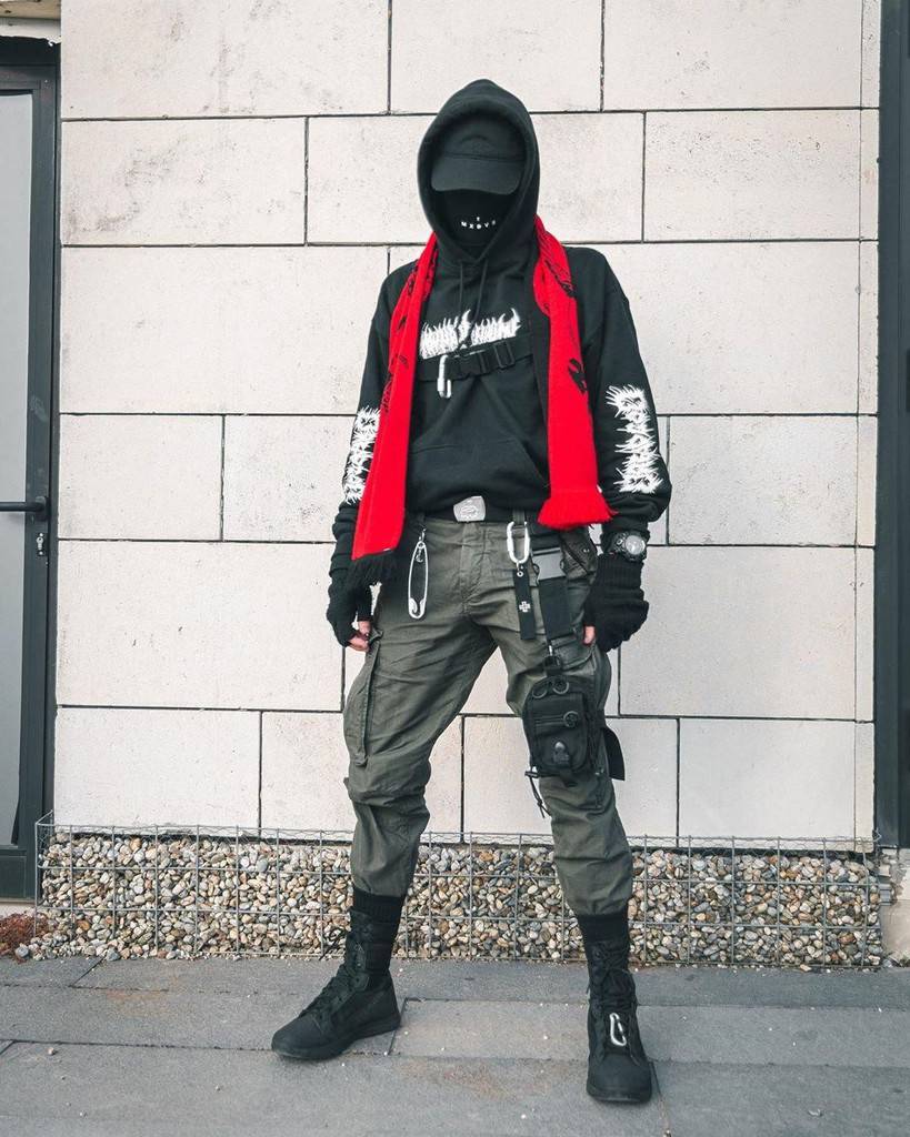 futuristic fashion for men black jacket with red scarf