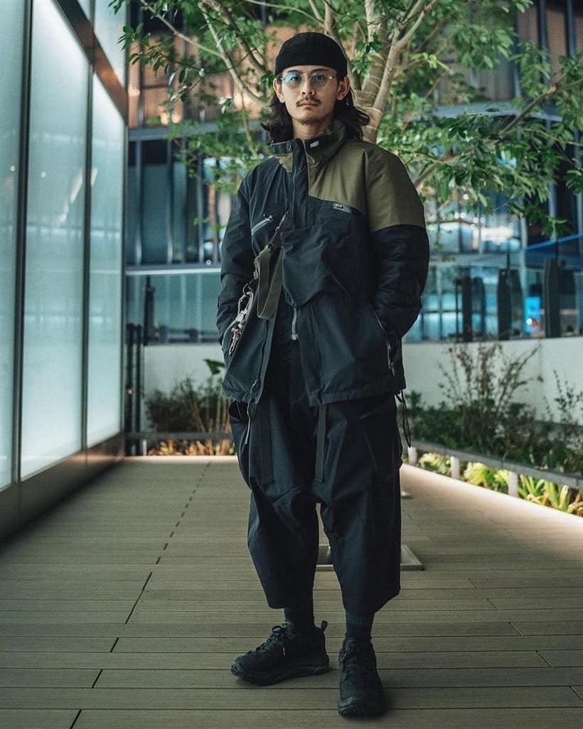 futuristic fashion for men dark colored jacker paired with black loose pants