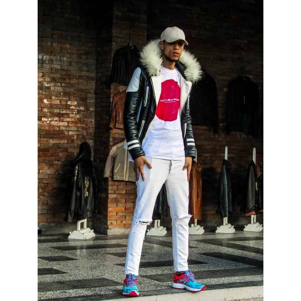 futuristic fashion for men fur jacket and white pants