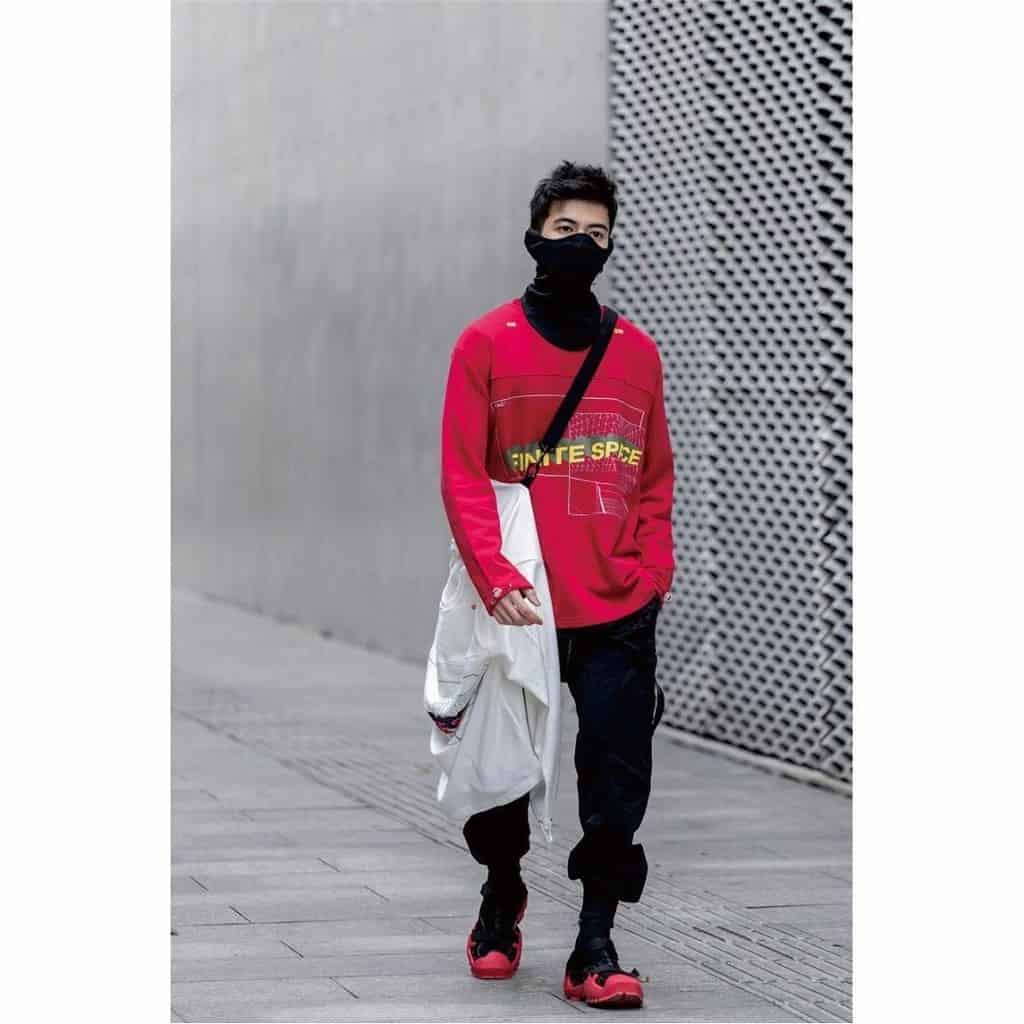 futuristic fashion for men red sweat shirt and black pants
