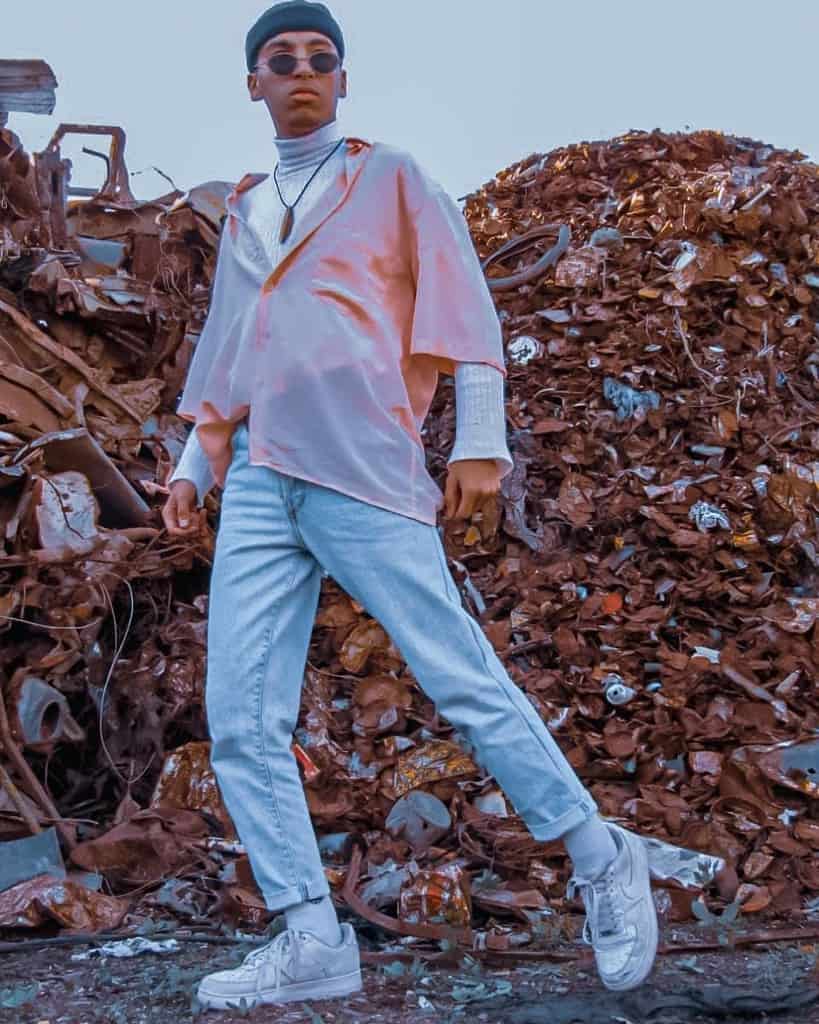 futuristic fashion for men white turtle neck sweater with oversize button up shirt