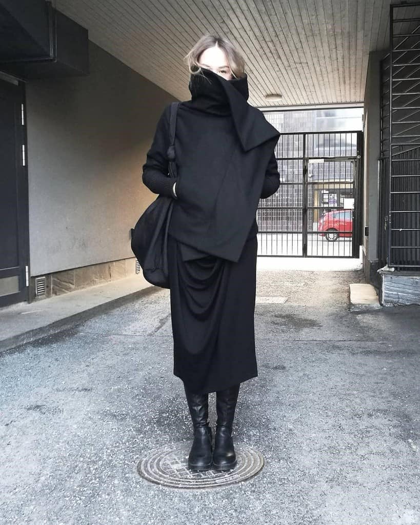all black, face covered, mysterious outfit paired with black leather boots