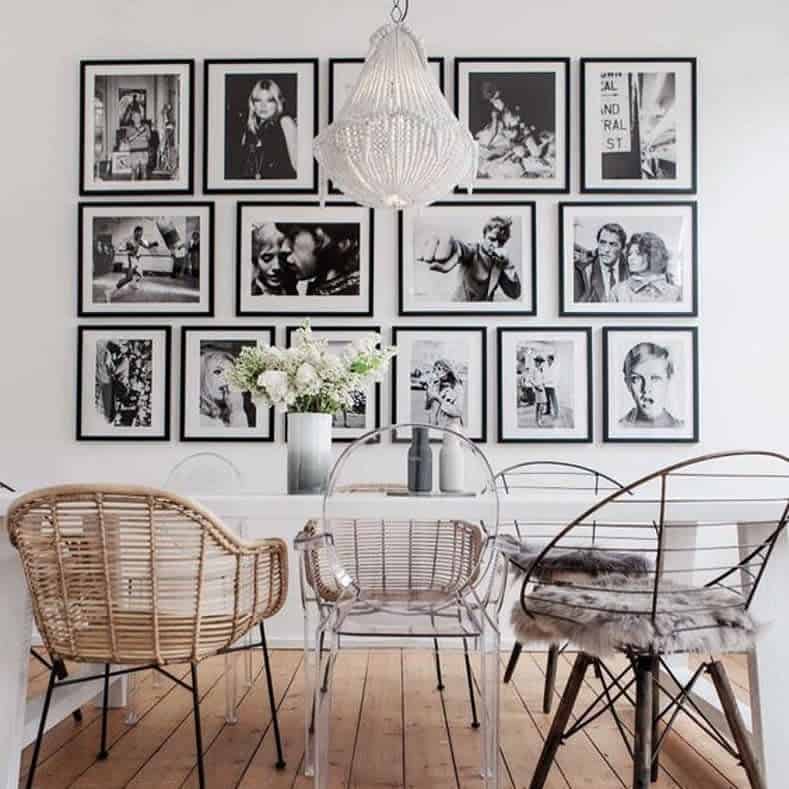 gallery dining room framed photo wall art  chandelier