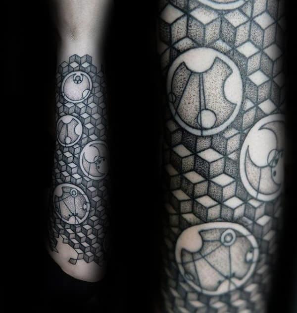 Gallifreyan Dotwork Mens Geometrical Sleeve Tattoos