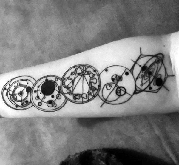 Gallifreyan Masculine Guys Black Ink Leg Tattoo Designs