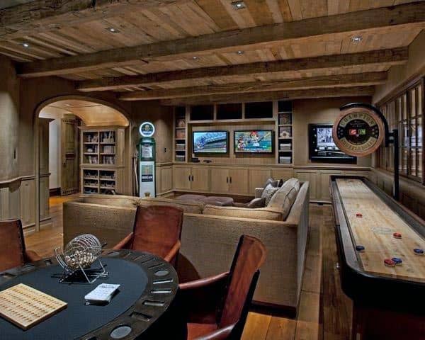 Game Media Room Rustic Basement Ideas