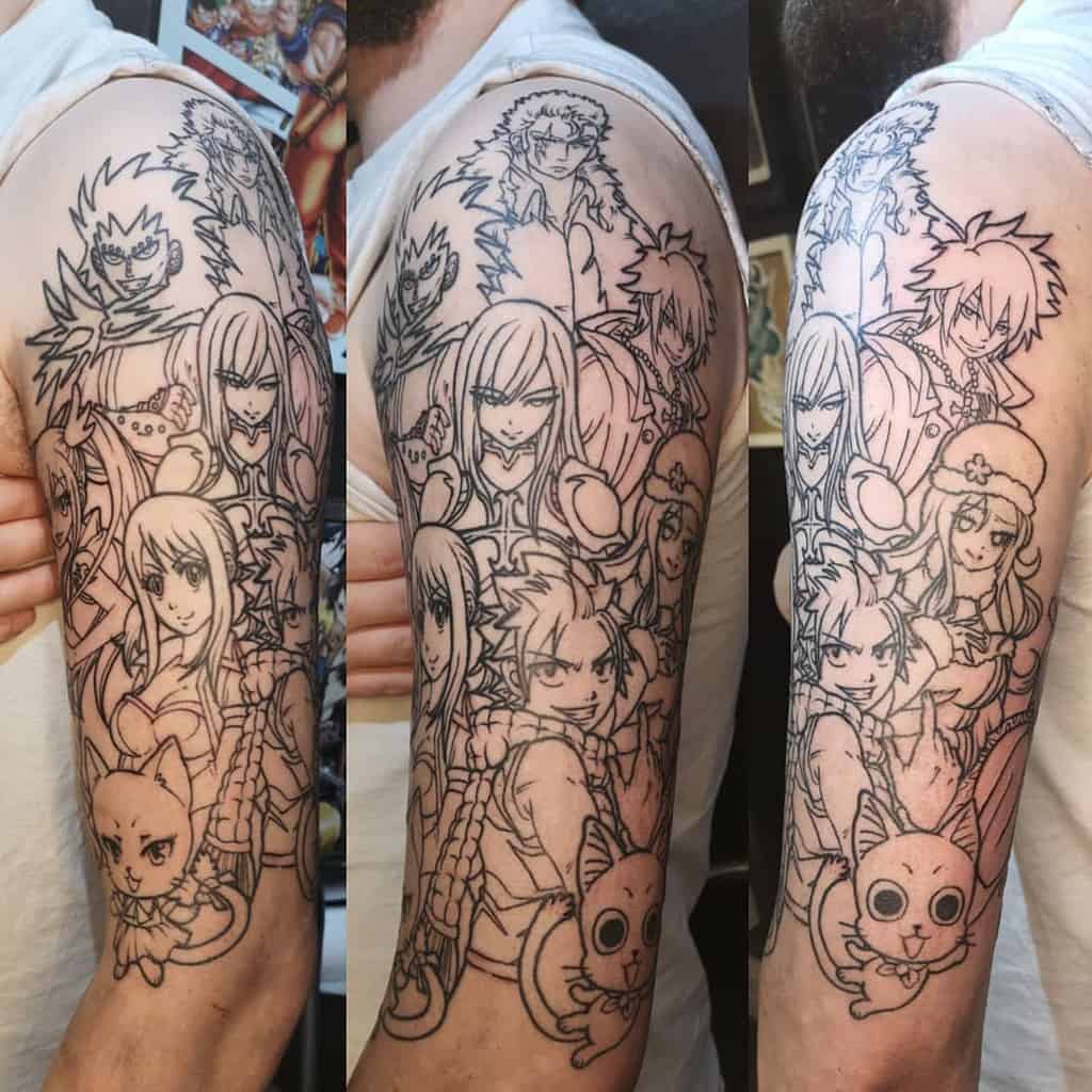 This tattoo showcases an intricate *Fairy Tail* sleeve design featuring multiple main characters, including Natsu, Lucy, Erza, and Happy.