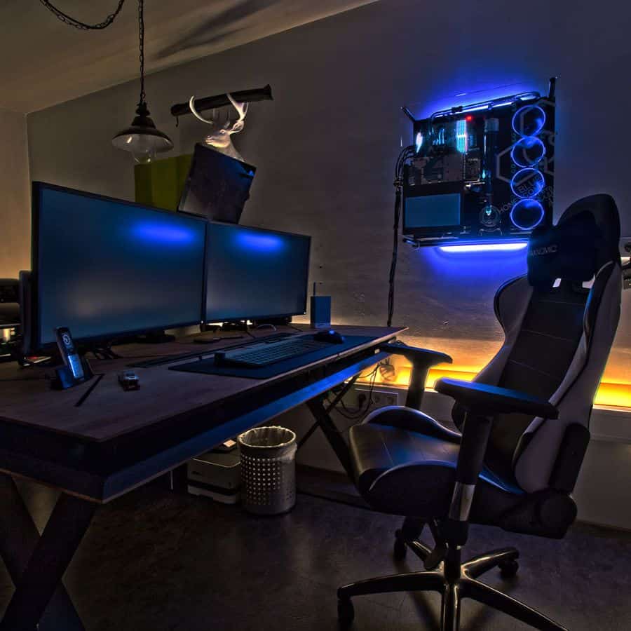 futuristic gaming desk dual monitors gaming chair