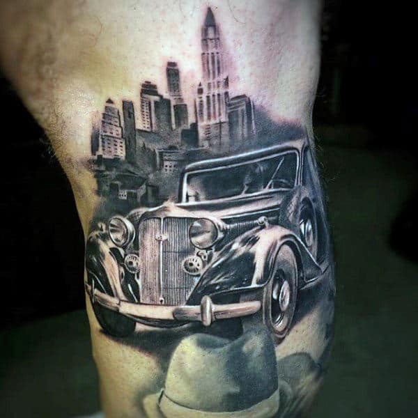 Gangster Mens Lower Leg Tattoo With Vintage Car And City Skylien Design
