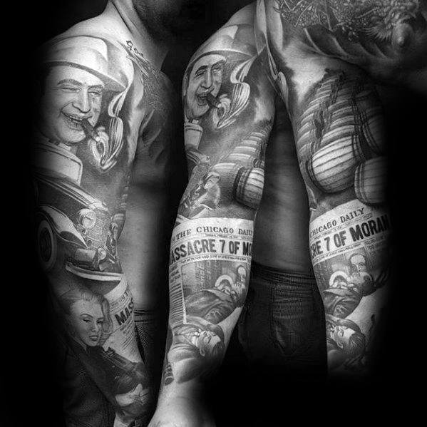 Black and grey gangster-themed tattoo sleeve with Al Capone, vintage cars, tommy guns, and St. Valentine’s Day Massacre headlines, symbolizing 1920s crime history.