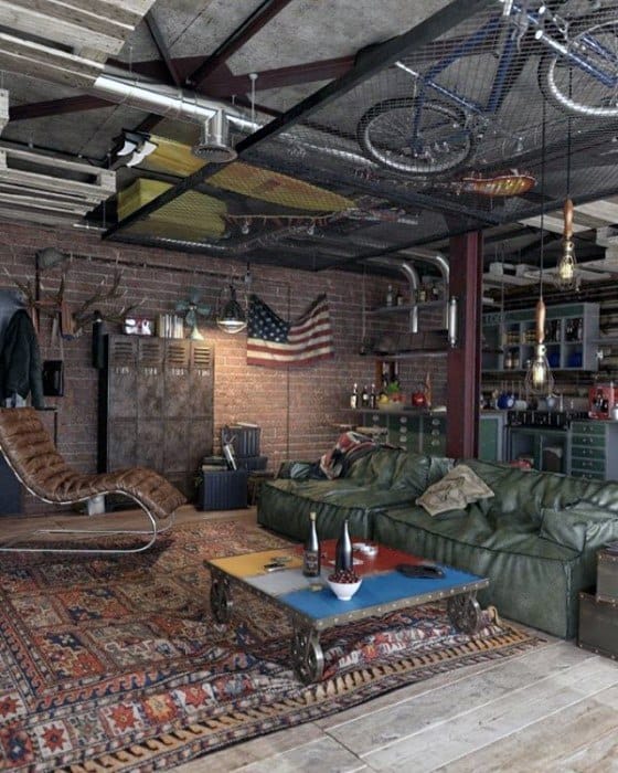 Industrial-style room with a green sofa, rug, bicycle on the ceiling, American flag, and ambient lighting