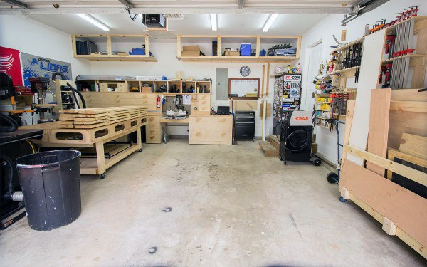 large car garage workshop wood shelving units