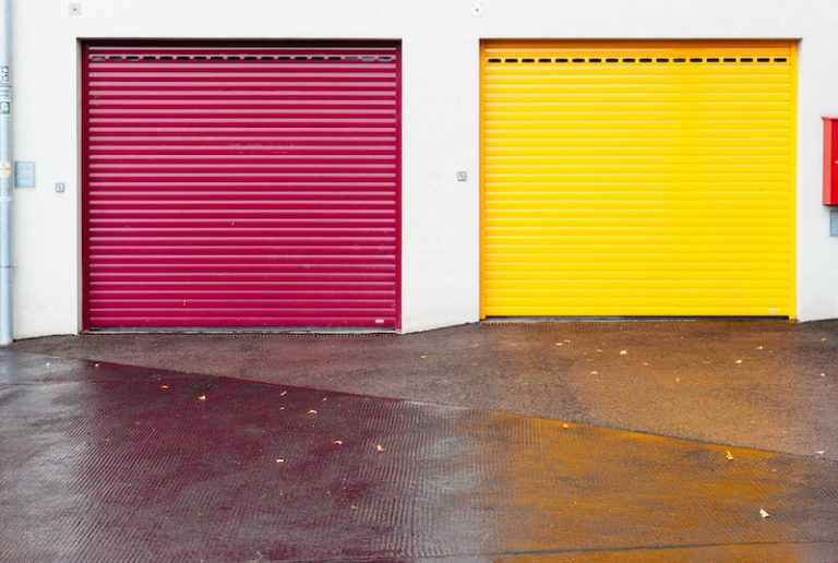 pink and yellow garage doors