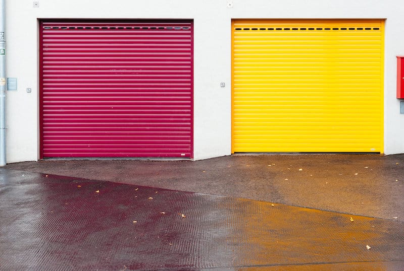 pink and yellow garage doors