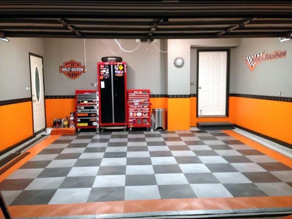 orange and gray harley davidson theme garage check floor red tool box