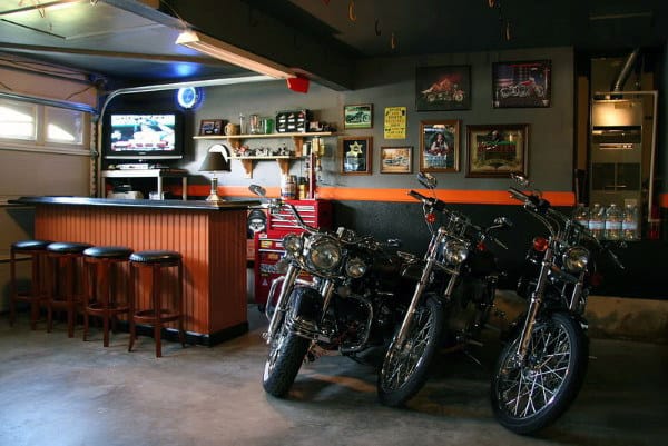 Garage With Bar And Harley Davidson Themed Wall Paint Colors