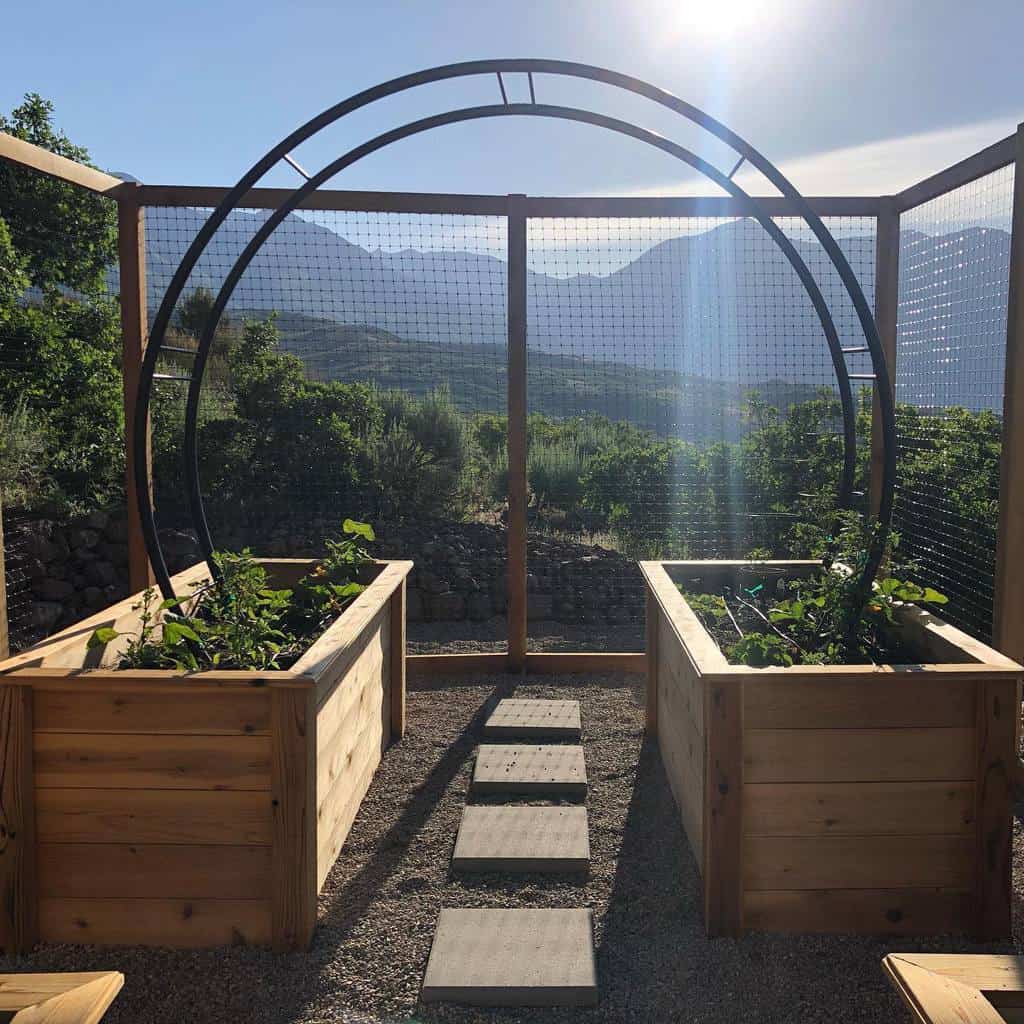 circle metal garden arch garden trellis wood planter boxes mountain view