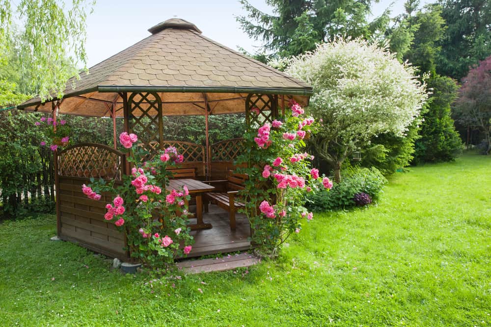 garden gazebo wood furniture pink roses