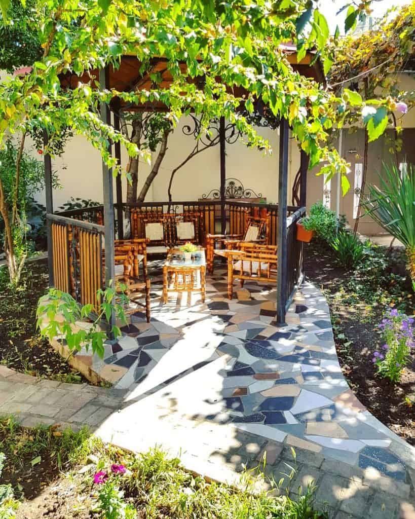 metal and wood garden gazebo tile patio wood furniture