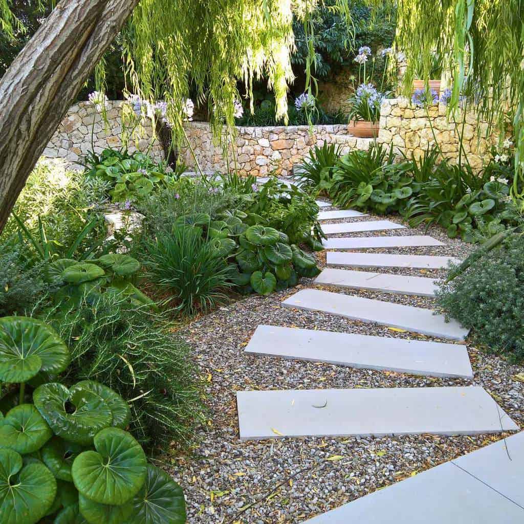 paved garden path in leafy garden 