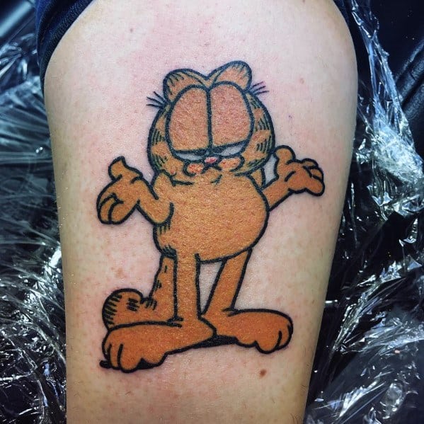 Garfield tattoo with a classic shrugging pose, exuding his signature laid-back attitude—perfect for a fun and carefree design.