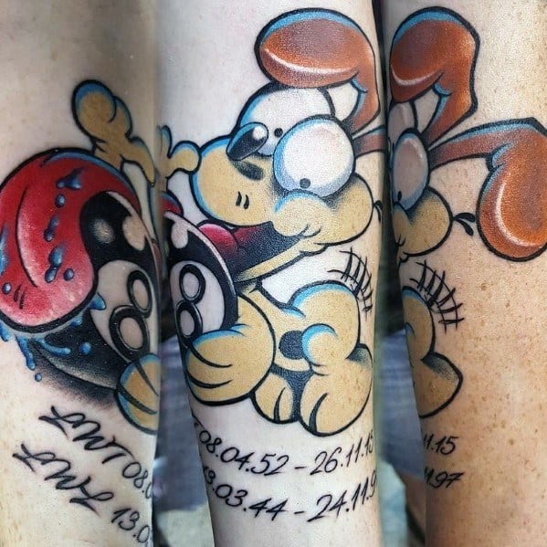 Colorful Odie tattoo with a playful expression, featuring bold outlines and shading—great for a vibrant and energetic design.