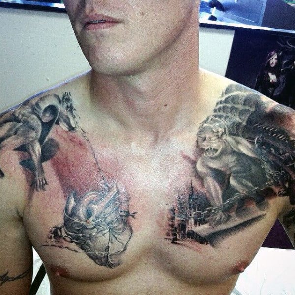 Gargoyle Chained Heart Mens Chest Tattoo Designs