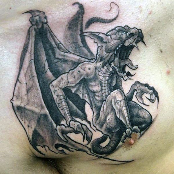 Gargoyle Guys Upper Chest Tattoo With Shaded Black And Grey Ink