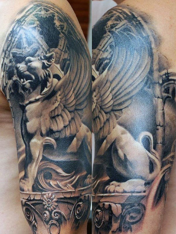 Gargoyle Stone 3d Realistic Mens Half Sleeve Tattoos