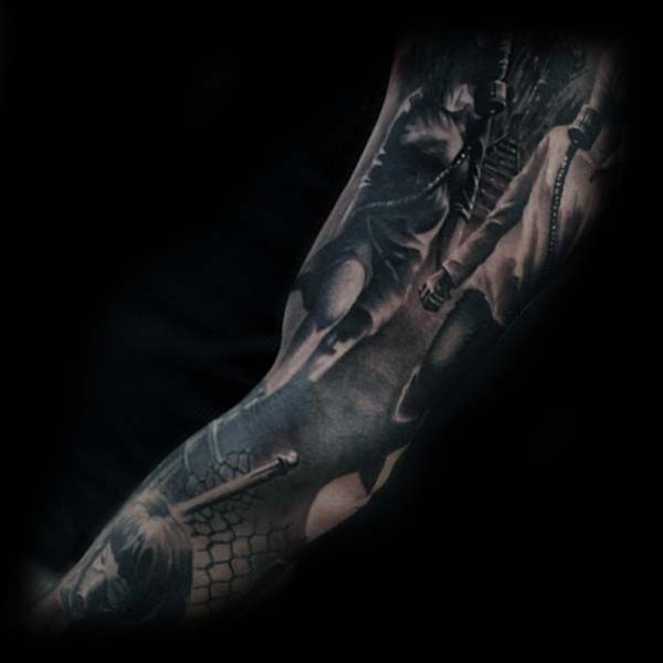 Gas Mask Doomsday Themed Mens Nice Full Arm Sleeve Tattoo Design Ideas