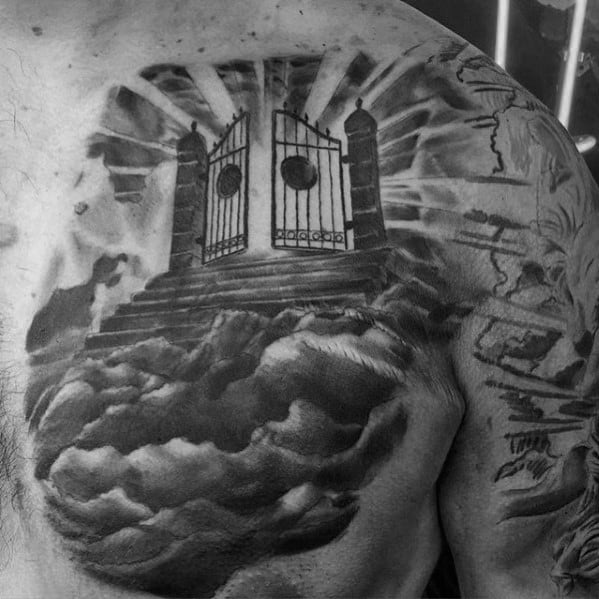 Gates Of Heaven Clouds Male Shaded Upper Chest Tattoo
