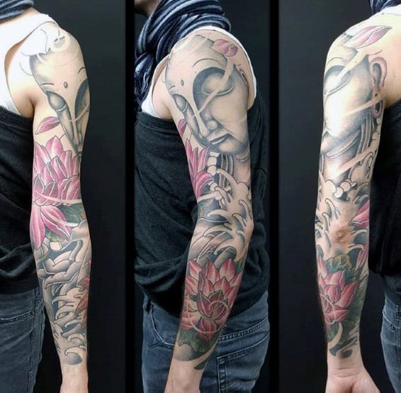 Gautama Buddha Mens Lotus Flower Sleeve Tattoo