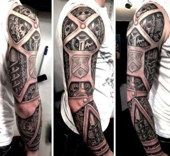Three-panel image showcasing a biomechanical full-sleeve tattoo