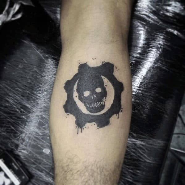 Gears Of War Back Of Leg Calf Black Ink Video Game Tattoos For Guys