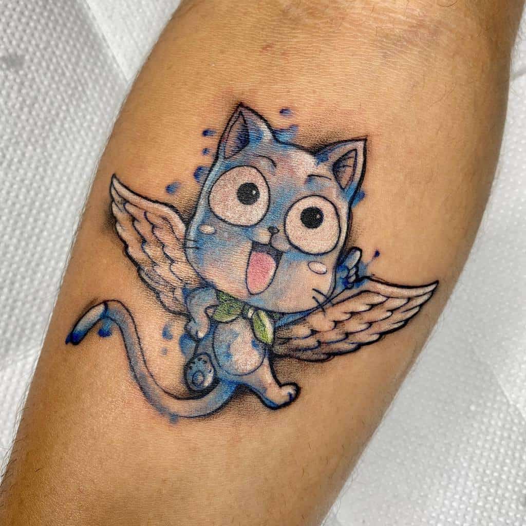 This tattoo features Happy from *Fairy Tail* in a playful, airborne pose with his wings spread wide, surrounded by magical blue energy.