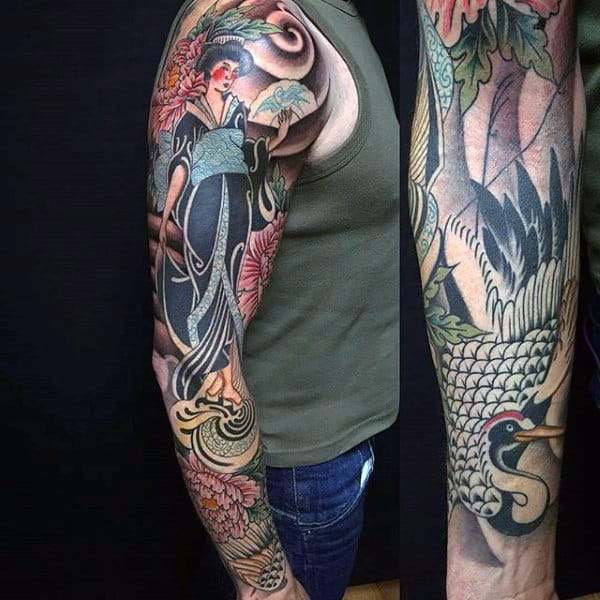 Geisha With Fans Japanese Sleeve Tattoo For Men