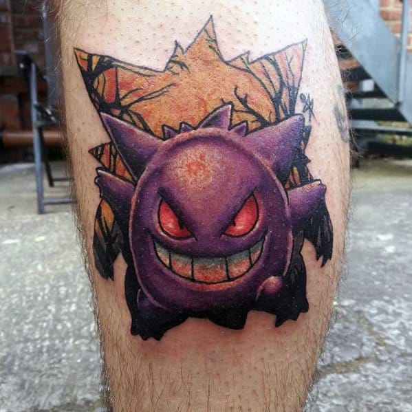 Fierce Gengar tattoo bursting through a cracked wall, with glowing red eyes and a sinister grin for a dramatic 3D effect.