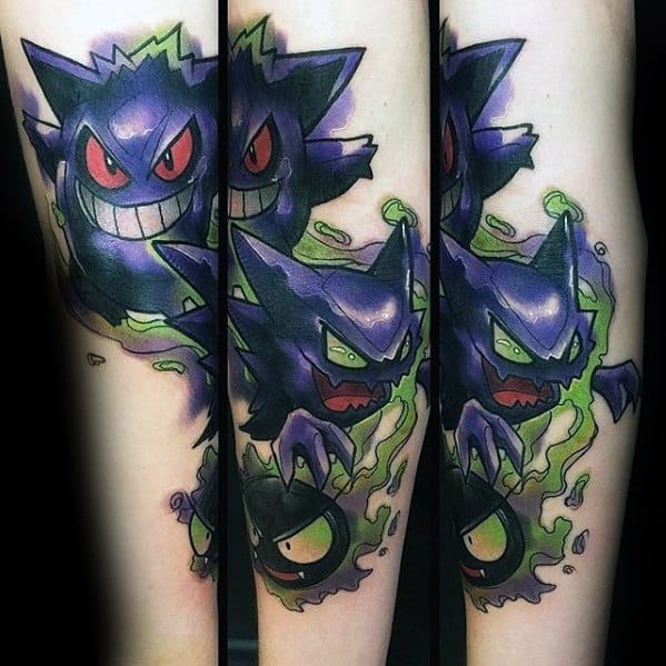 Vibrant tattoo of Gengar, Haunter, and Gastly in action, surrounded by green and purple energy for a dynamic ghost-type trio design.