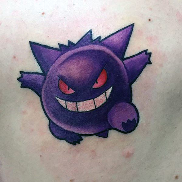Simple and bold Gengar tattoo with a mischievous grin, red eyes, and smooth purple shading for a clean, classic ghost look.