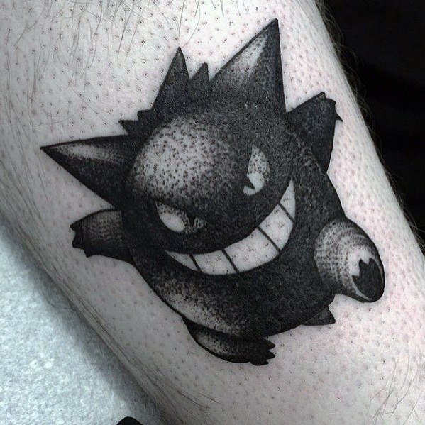 Blackwork Gengar tattoo with bold outlines and dotwork shading, creating a textured and intense monochrome ghostly appearance.