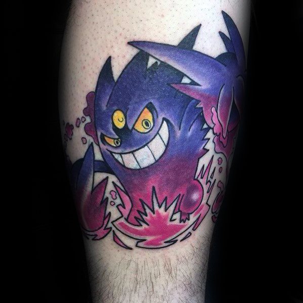 Vivid Gengar tattoo with glowing yellow eyes, dynamic pose, and swirling pink energy bursts for a bold and energetic look.