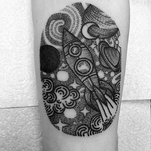 Genteman With Dotwork Rocket Ship Inner Forearm Tattoo