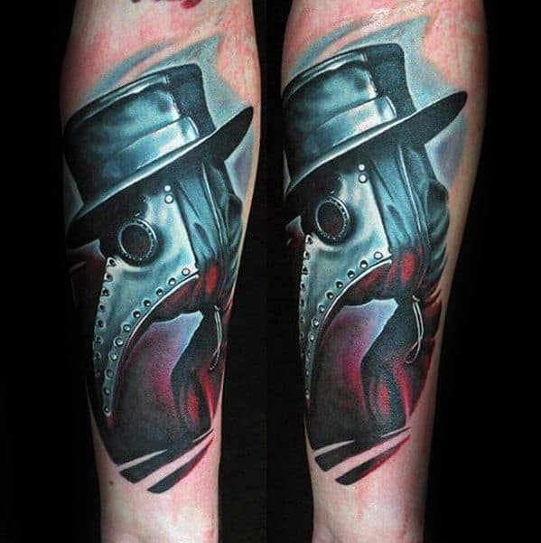 Gentleman With 3d Inner Forearm Plague Doctor Tattoo