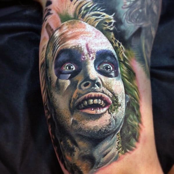 Gentleman With 3d Realistic Beetlejuice Arm Tattoo