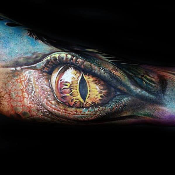 Realistic tattoo of a detailed reptilian eye with textured scales and vibrant colors