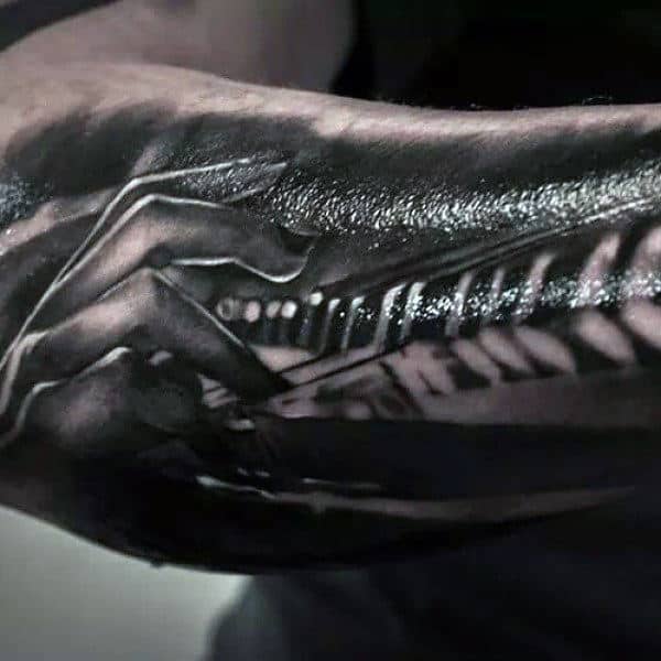 Gentleman With 3d Realistic Fingers Touching Piano Keys Outer Forearm Tattoo